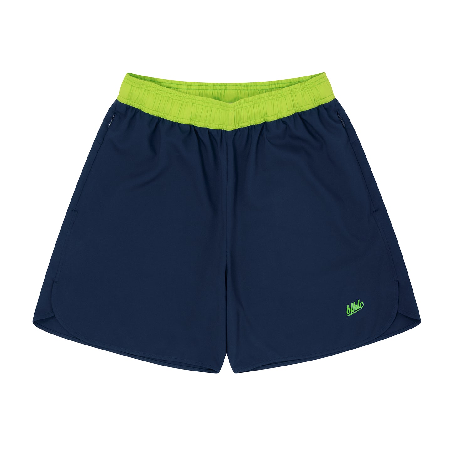 The Neighborhood Classic Zip Shorts (navy/lime green)