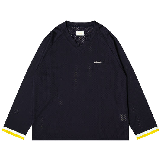 Tape V-neck Mesh Long Tee (navy)