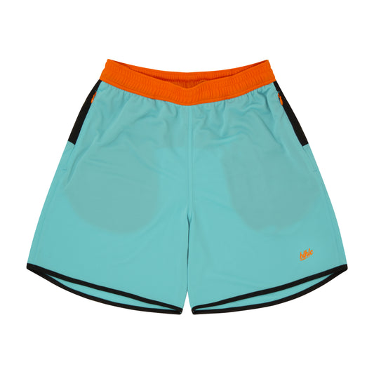 Color Blocked Zip Shorts (aqua blue/black/orange)