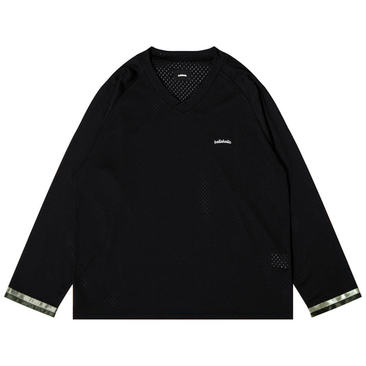 Tape V-neck Mesh Long Tee (black)